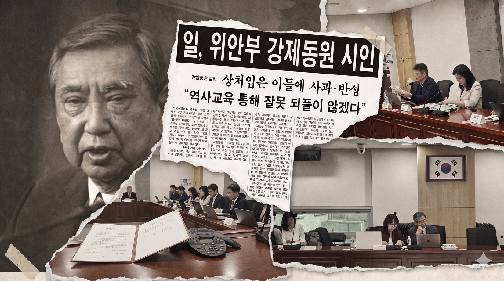 흑백 사진 속 고노 요헤이 전 일본 관방장관의 발언 모습, &ldquo;일, 위안부 강제동원 시인&rdquo;, &ldquo;상처입은 이들에 사과&middot;반성 &lsquo;역사교육 통해 잘못 되풀이 않겠다&rsquo;&rdquo;라는 제목의 신문 기사, 지난 8월 국회에서 열린 「다시 돌아보는 고노담화와 일본군&lsquo;위안부&rsquo; 문제」 학술대회 현장 사진을 찢어 붙인 콜라주 이미지.