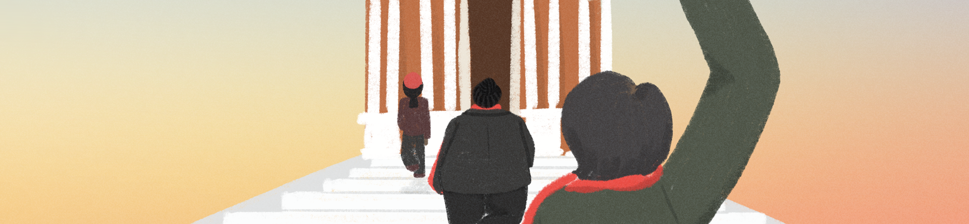 &lsquo;더 많은 페미니스트들의 정계 진출을 바라며&rsquo;라는 제목의 일러스트다. 여성 세 명이 기둥이 늘어선 하얀 건물을 향해 긴 계단을 오르고 있으며, 맨 앞쪽의 붉은 목도리를 두른 여성이 주먹 쥔 손을 들어 올려 &ldquo;GENDER JUSTICE&rdquo;라고 적힌 팻말을 들고 있다.