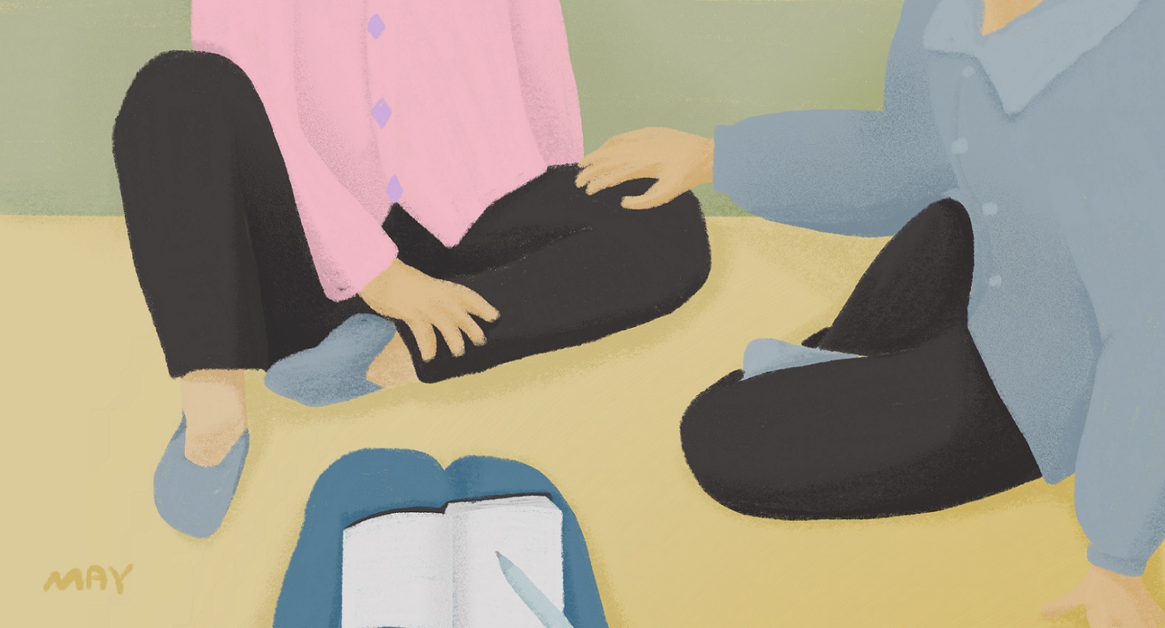 무릎을 맞댄 시간, 할머니와 활동가가 무릎을 가까이 맞대고 이야기를 나누는 모습 일러스트