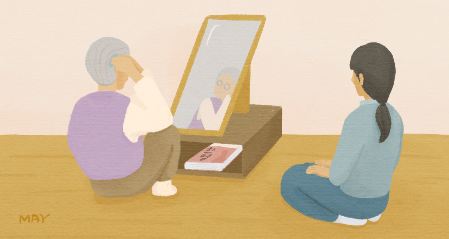 머리카락에 걸린 기억을 빗으며. 할머니가 거울을 바라보며 머리를 빗고 있는 모습 일러스트